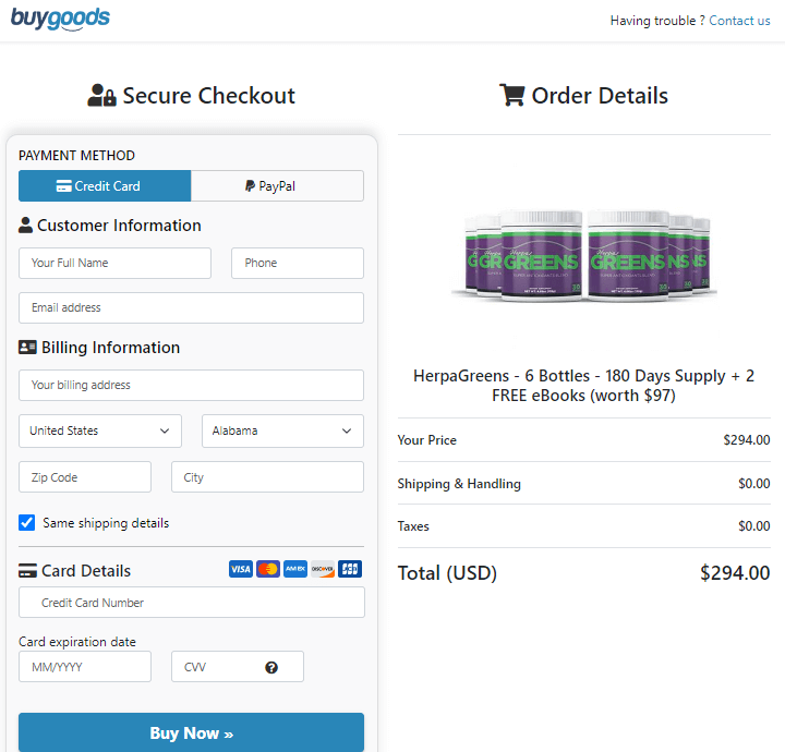 herpagreens order page